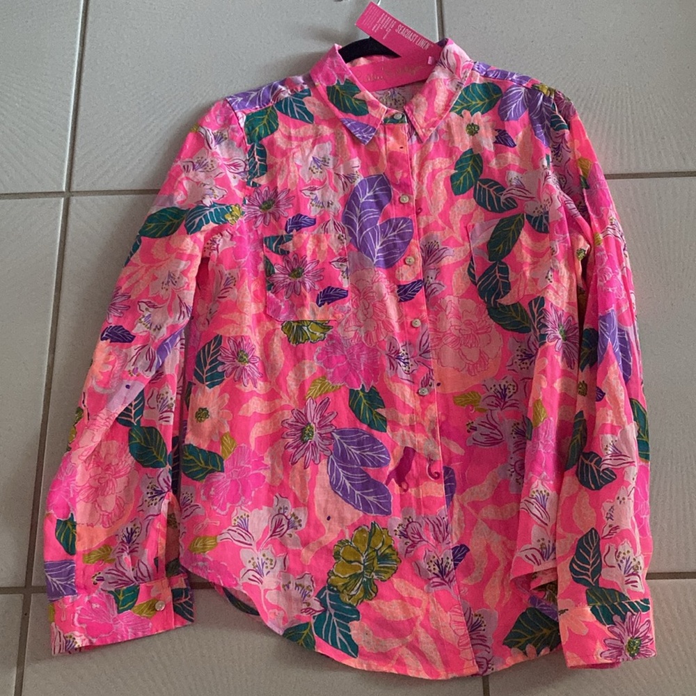 NWT Lilly Pulitzer 💯linen Pink Isle Best of Friends SeaView shirt medium
